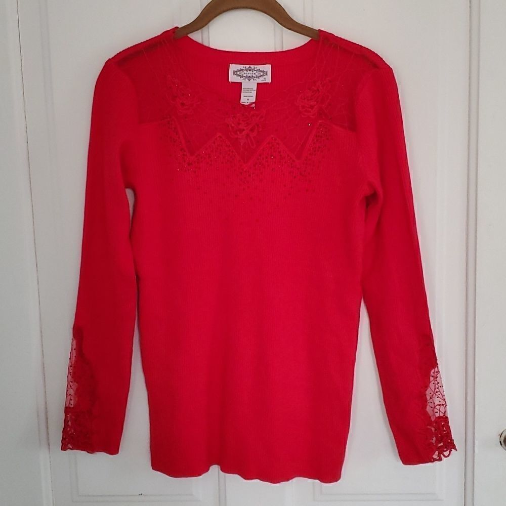 Oliver Red Ribbed Mesh Floral Rhinestone Top